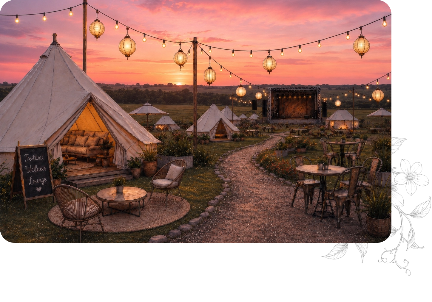 A lantern-lit festival village at sunset