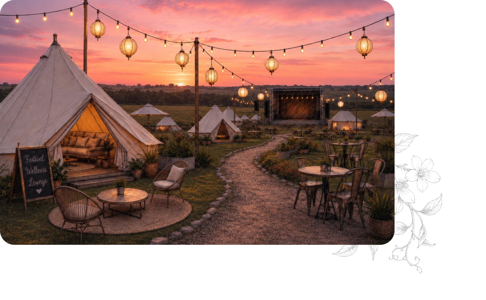 A lantern-lit festival village at sunset