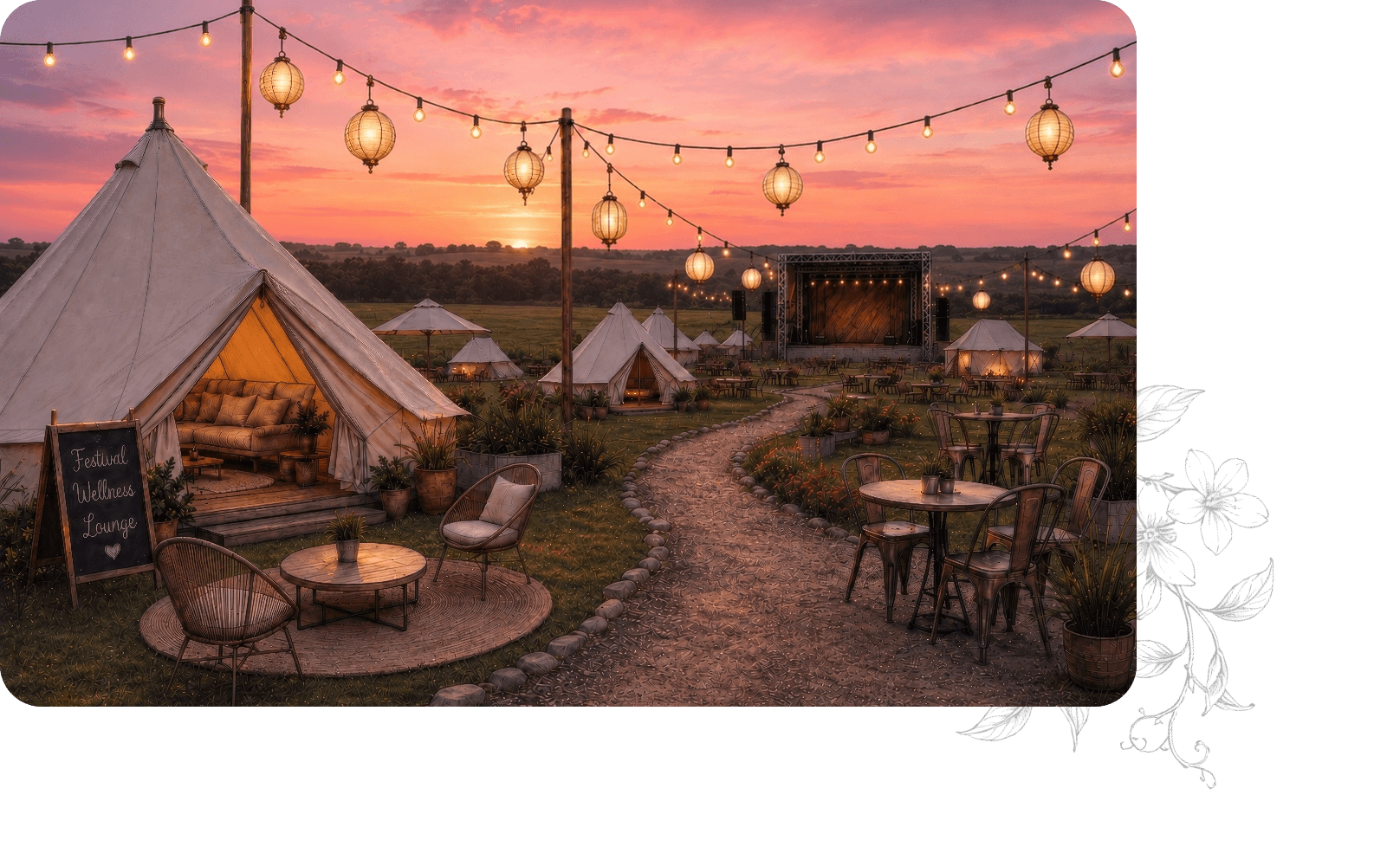 A lantern-lit festival village at sunset